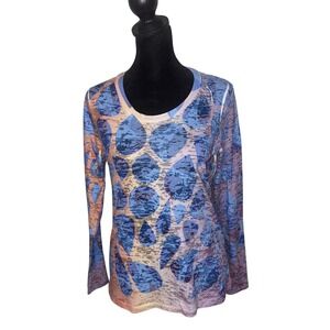 Before Again Abstract Burnout Sheer Top Size S Blue Orange BOHO Festival Casual